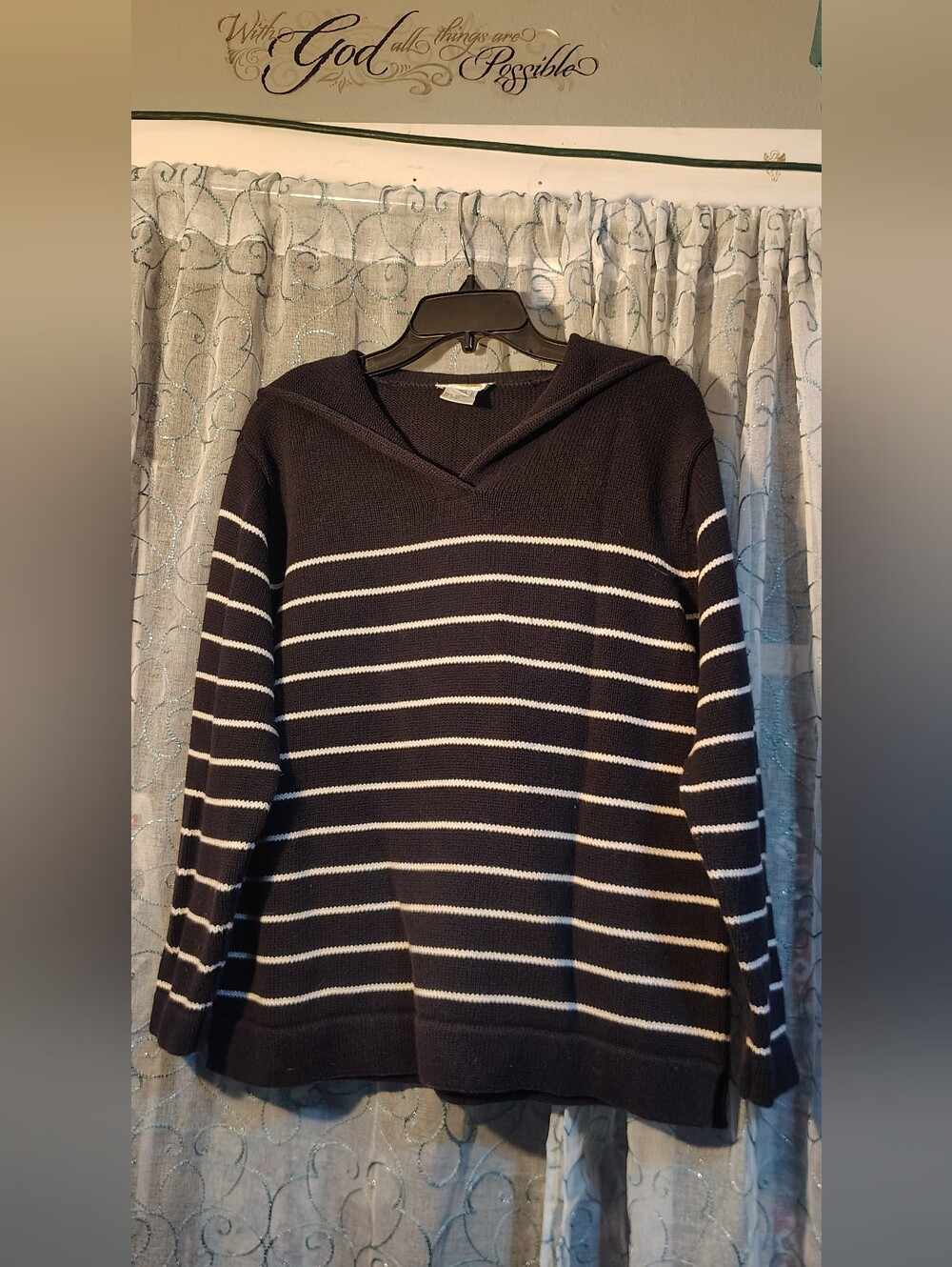 Talbots Navy and White V-Neck Striped Sweater